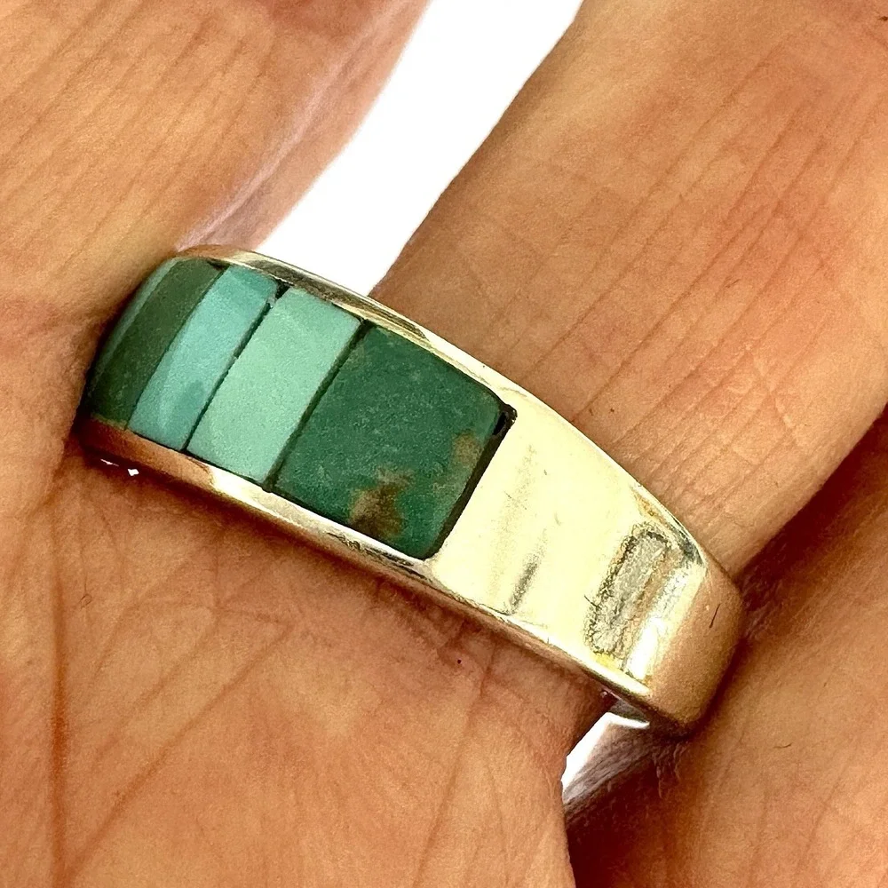 Navajo Mens Wedding Band Turquoise Inlay Sz 11.5 Ring 8mm Signed Tsosie Native